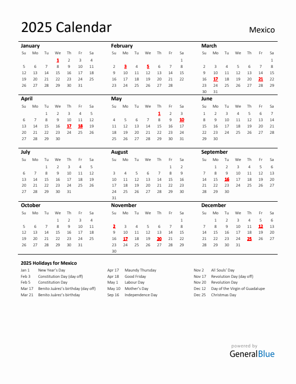 Standard Holiday Calendar for 2025 with Mexico Holidays 
