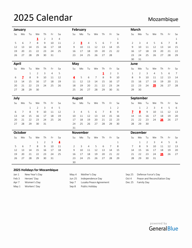 Standard Holiday Calendar for 2025 with Mozambique Holidays 