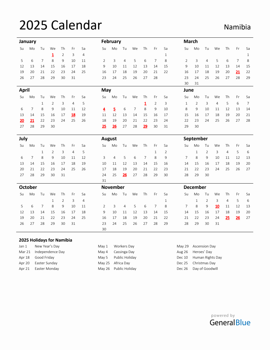 Standard Holiday Calendar for 2025 with Namibia Holidays