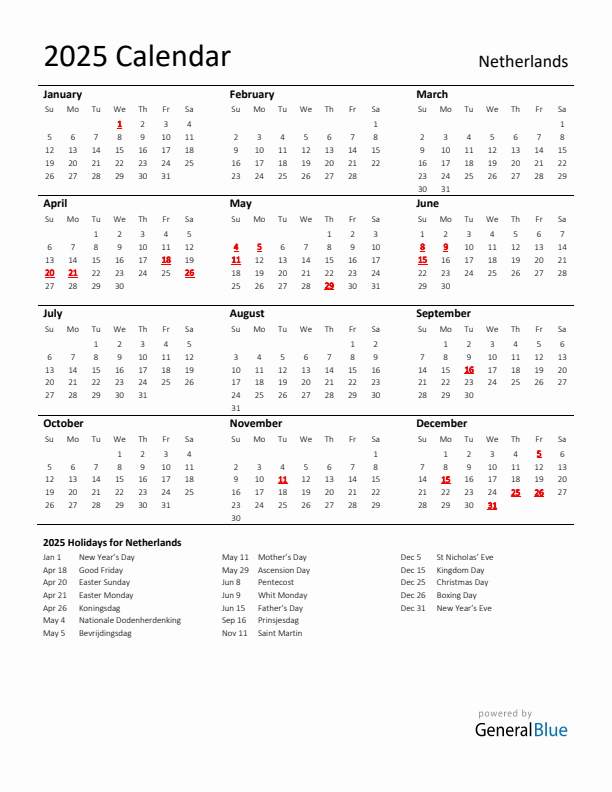 Standard Holiday Calendar for 2025 with The Netherlands Holidays 