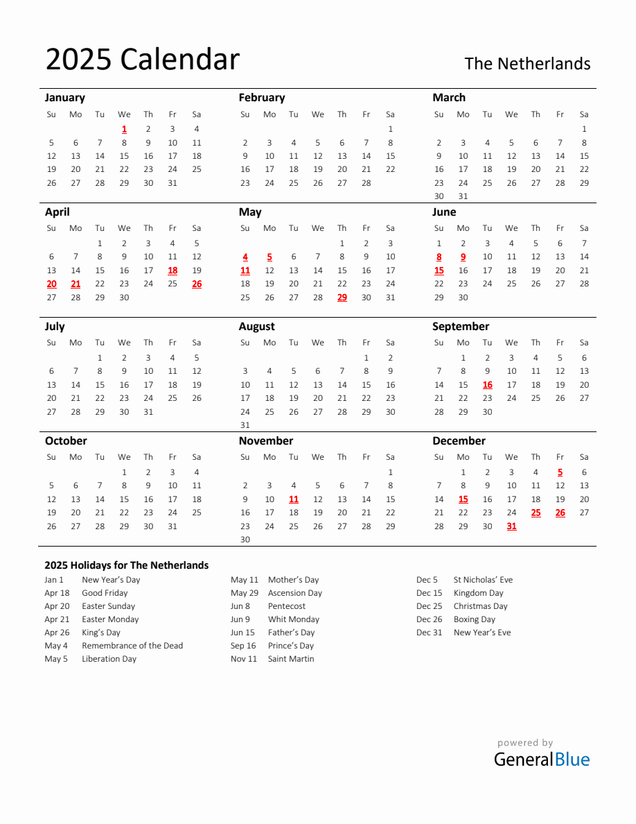 Standard Holiday Calendar for 2025 with The Netherlands Holidays