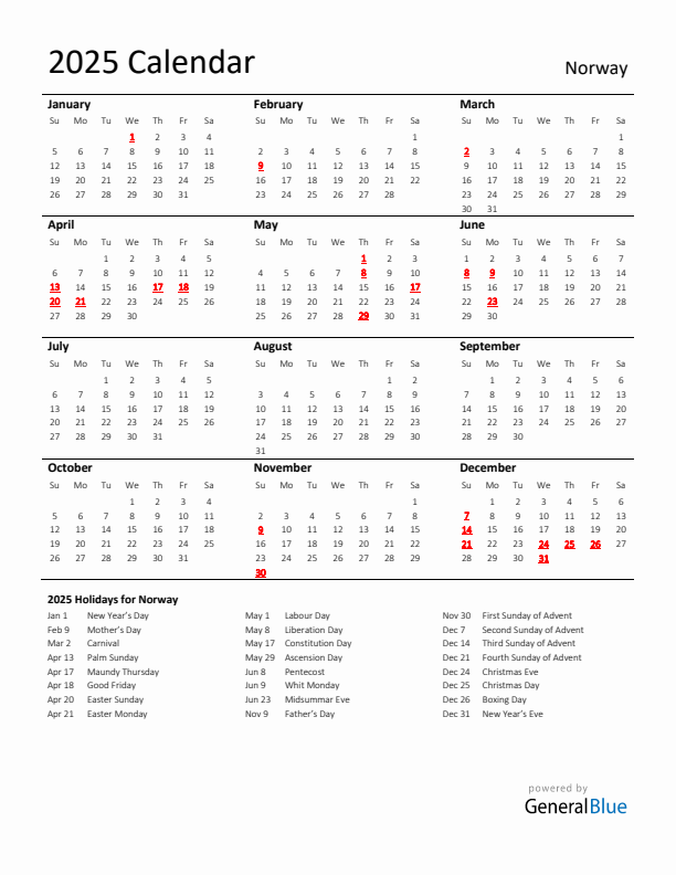 Standard Holiday Calendar for 2025 with Norway Holidays 
