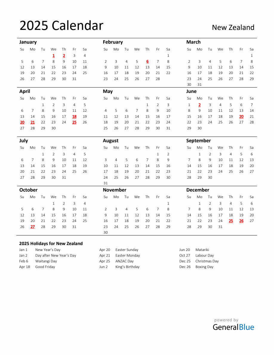 Standard Holiday Calendar for 2025 with New Zealand Holidays