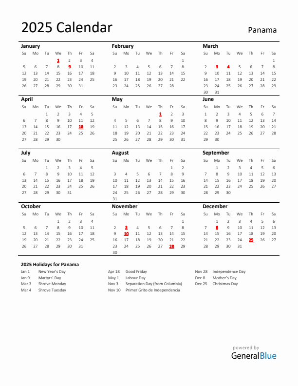 Standard Holiday Calendar for 2025 with Panama Holidays 