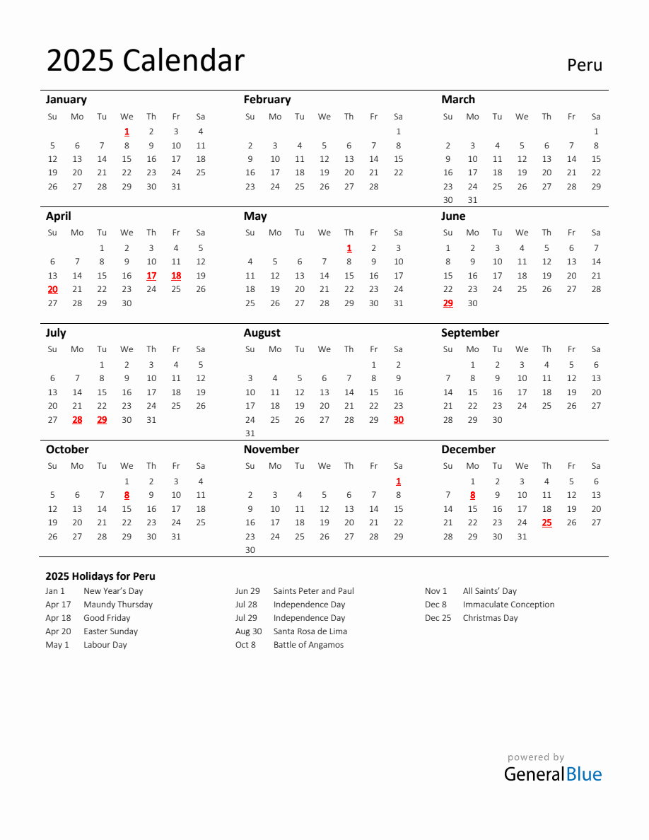 Standard Holiday Calendar for 2025 with Peru Holidays