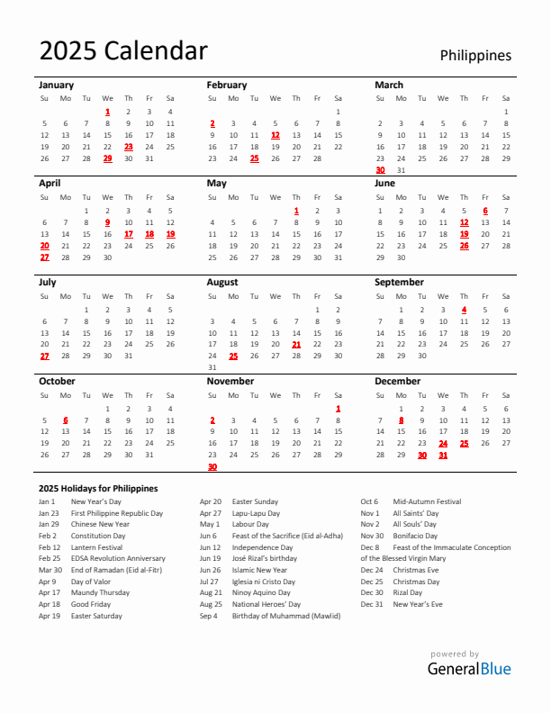 Standard Holiday Calendar for 2025 with Philippines Holidays 