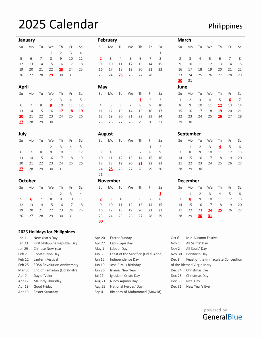 Standard Holiday Calendar for 2025 with Philippines Holidays