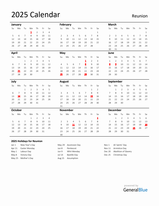 Standard Holiday Calendar for 2025 with Reunion Holidays 