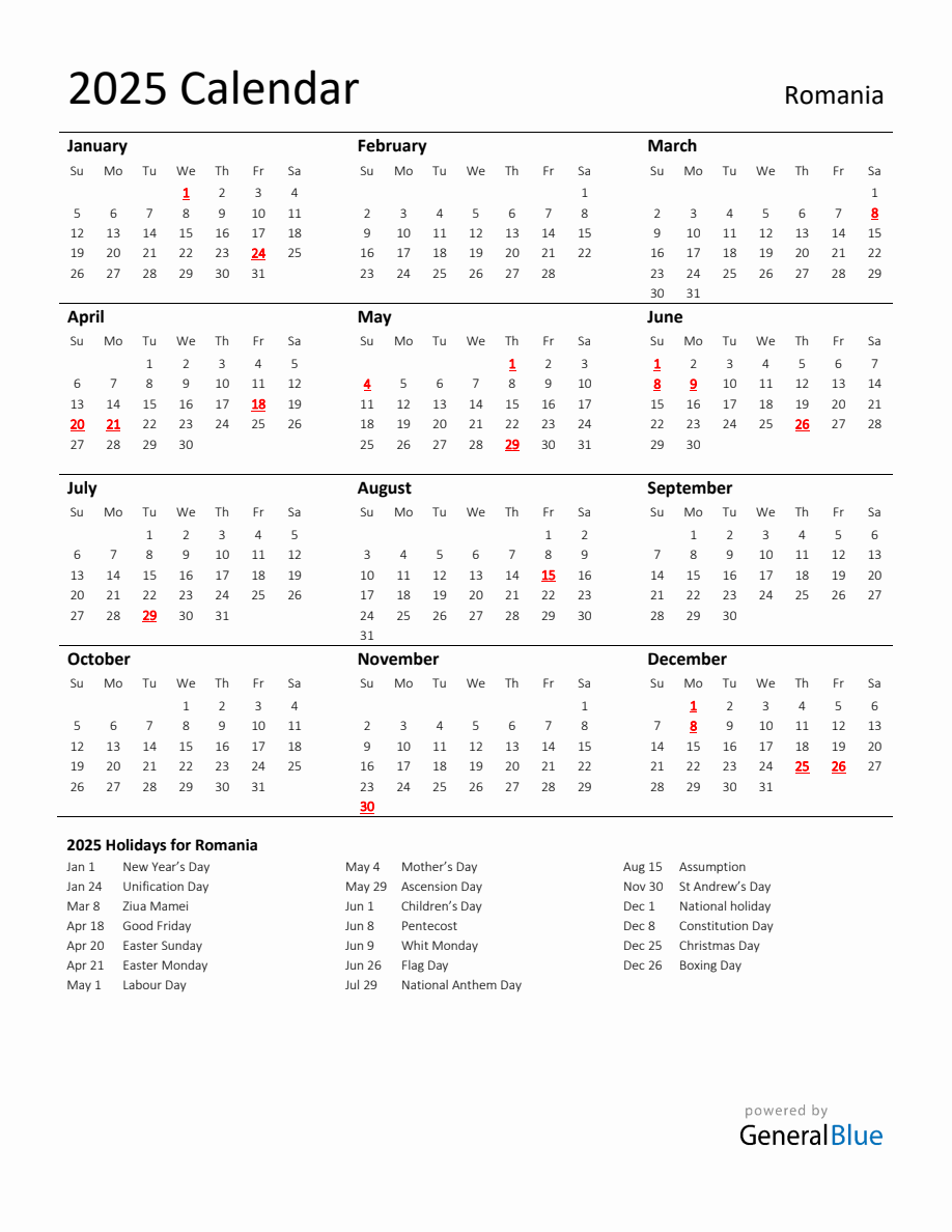 Standard Holiday Calendar for 2025 with Romania Holidays