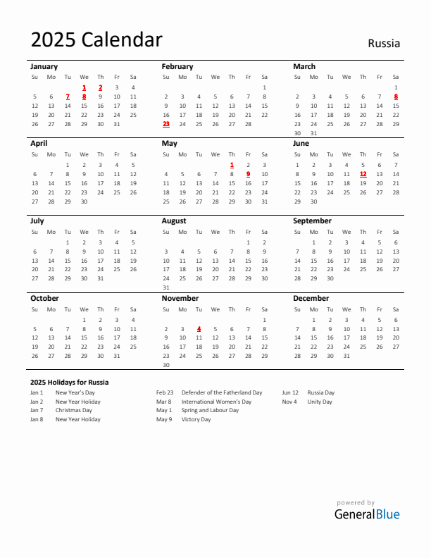 Standard Holiday Calendar for 2025 with Russia Holidays 