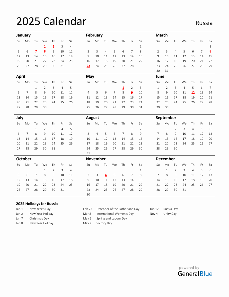 Standard Holiday Calendar for 2025 with Russia Holidays