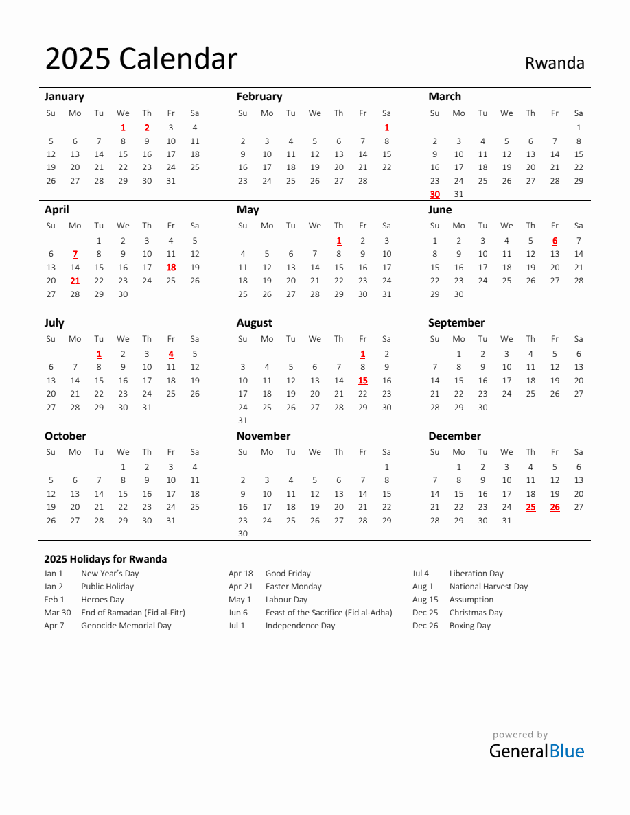 Standard Holiday Calendar for 2025 with Rwanda Holidays