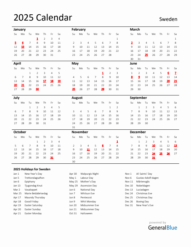 Standard Holiday Calendar for 2025 with Sweden Holidays 