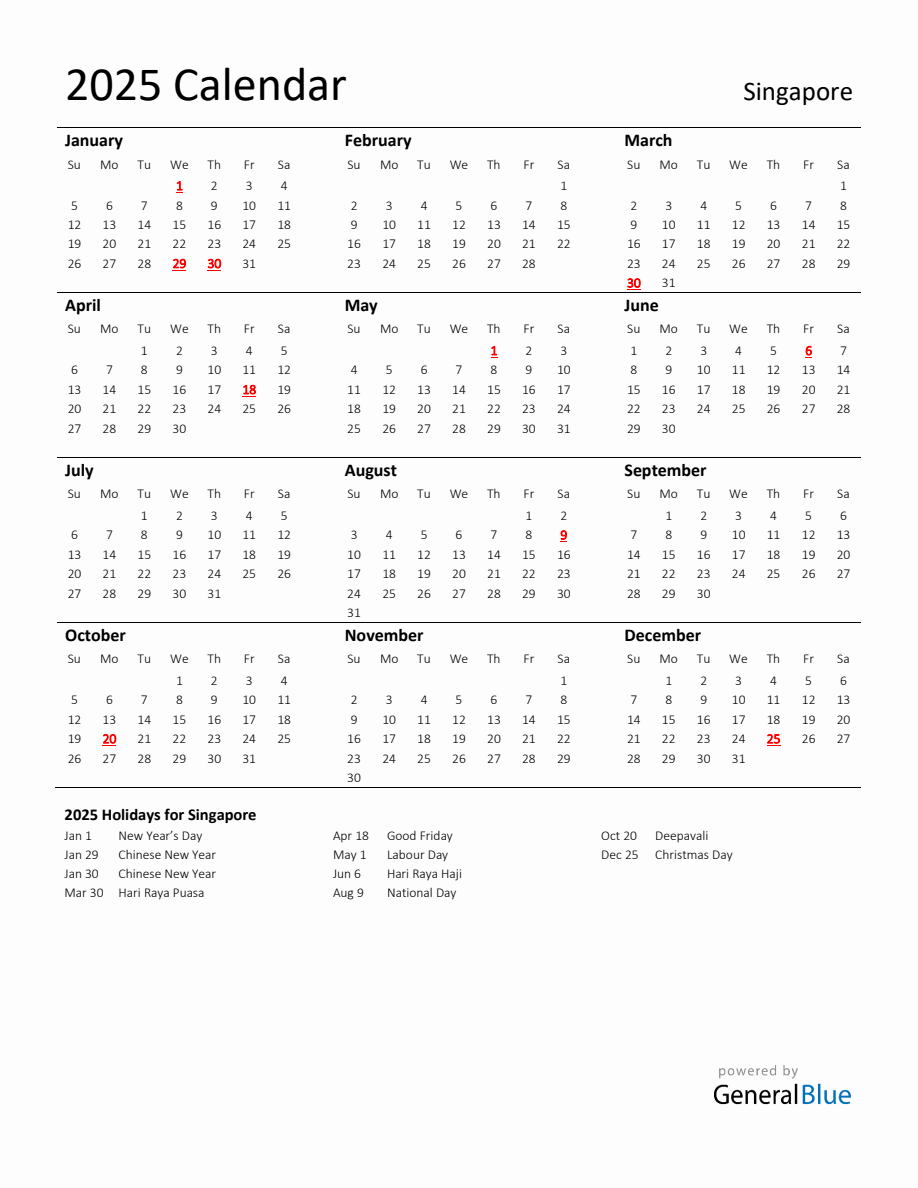 Standard Holiday Calendar for 2025 with Singapore Holidays