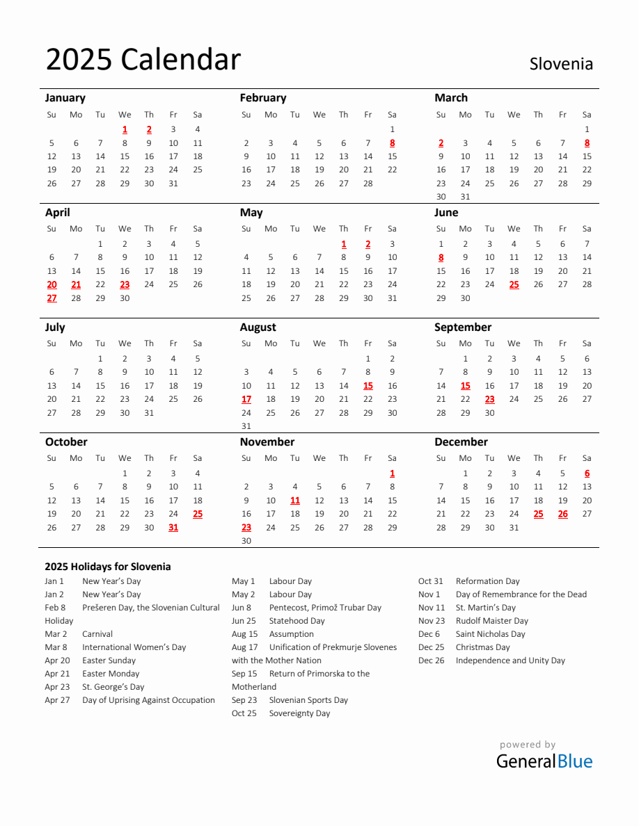 Standard Holiday Calendar for 2025 with Slovenia Holidays