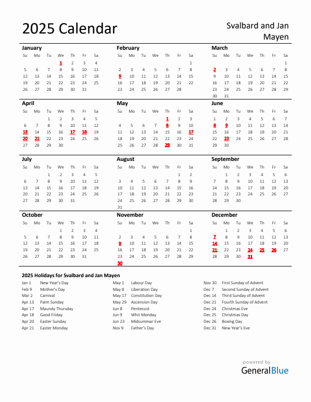 Standard Holiday Calendar for 2025 with Svalbard and Jan Mayen Holidays 