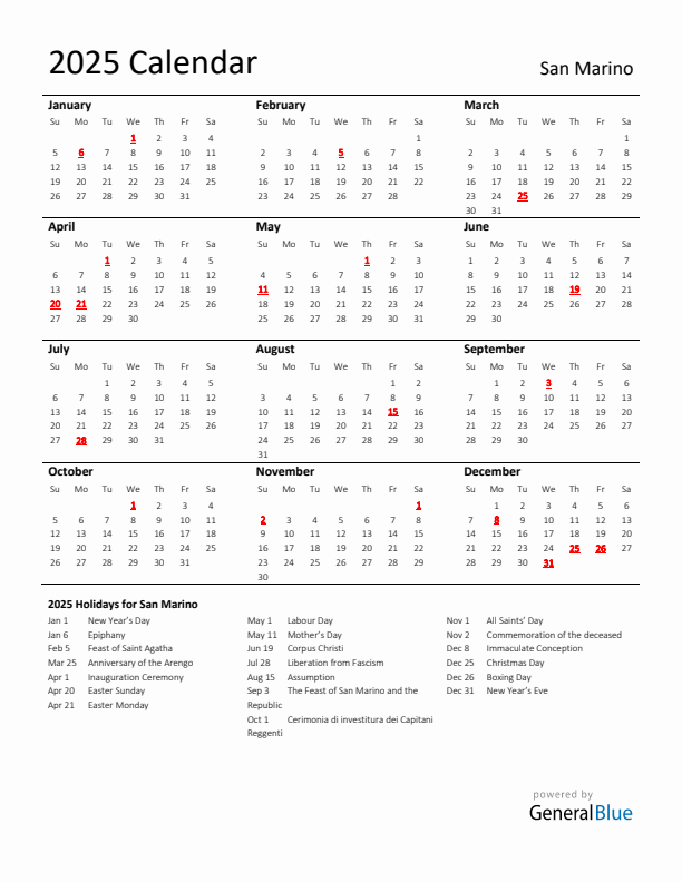 Standard Holiday Calendar for 2025 with San Marino Holidays 