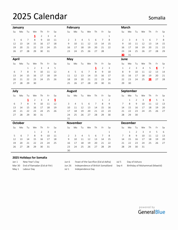 Standard Holiday Calendar for 2025 with Somalia Holidays 