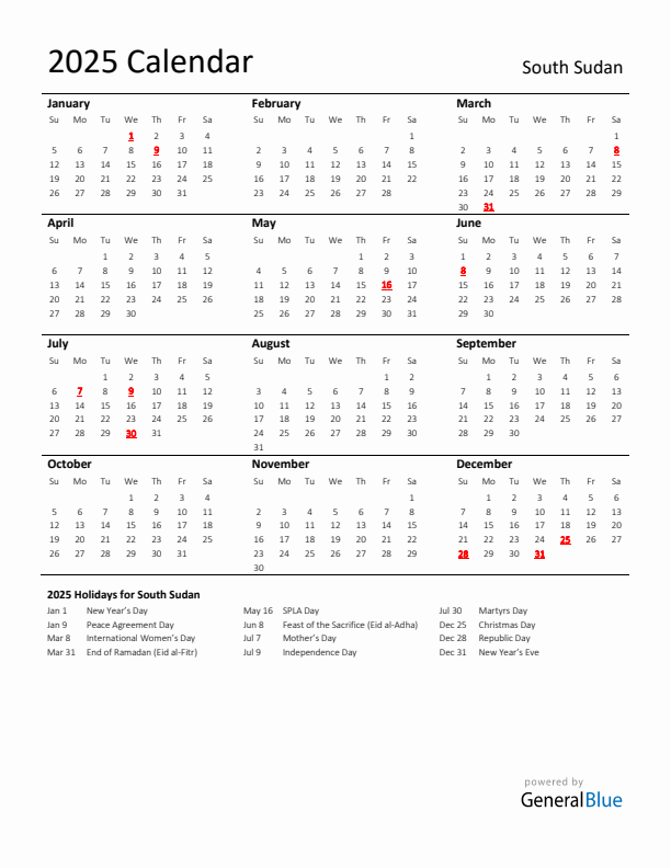 Standard Holiday Calendar for 2025 with South Sudan Holidays 