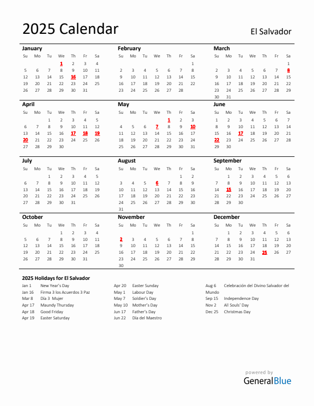 Standard Holiday Calendar for 2025 with El Salvador Holidays 