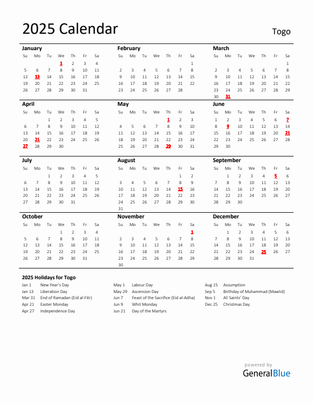 Standard Holiday Calendar for 2025 with Togo Holidays 