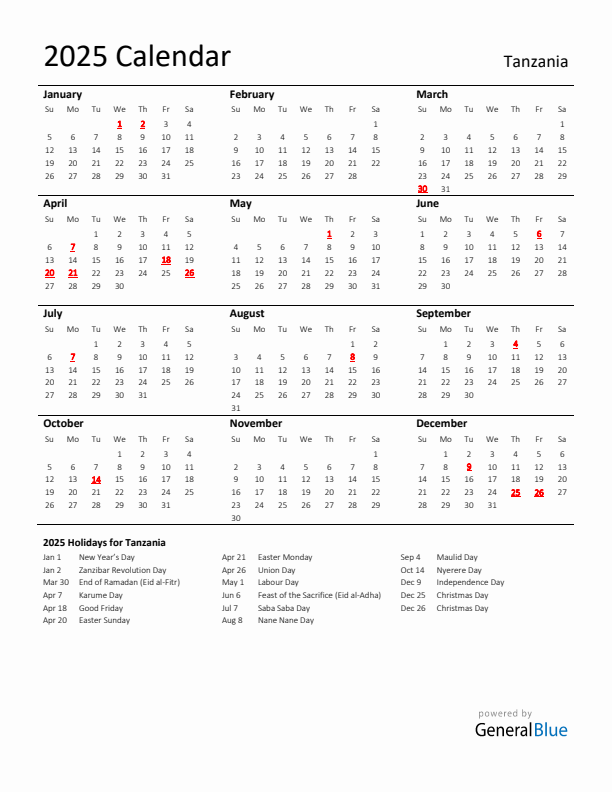 Standard Holiday Calendar for 2025 with Tanzania Holidays 