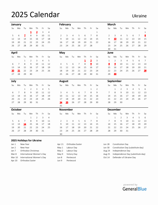 Standard Holiday Calendar for 2025 with Ukraine Holidays 