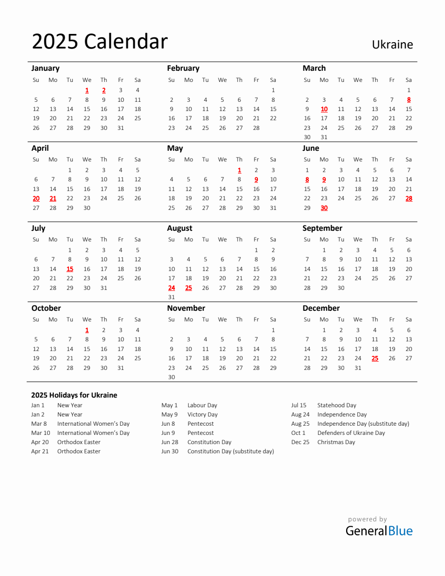 Standard Holiday Calendar for 2025 with Ukraine Holidays