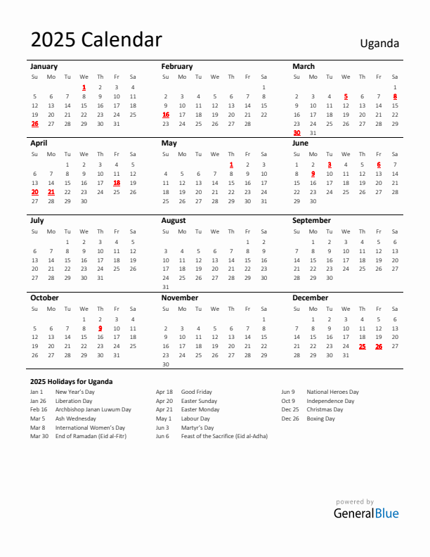 Standard Holiday Calendar for 2025 with Uganda Holidays 