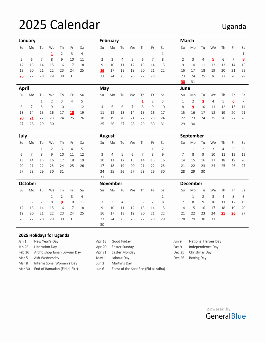 Standard Holiday Calendar for 2025 with Uganda Holidays