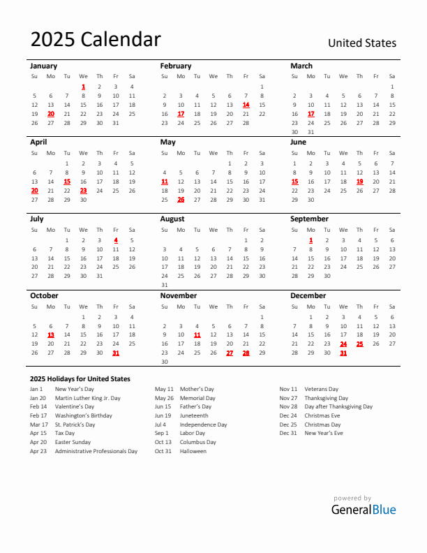 Standard Holiday Calendar for 2025 with United States Holidays 