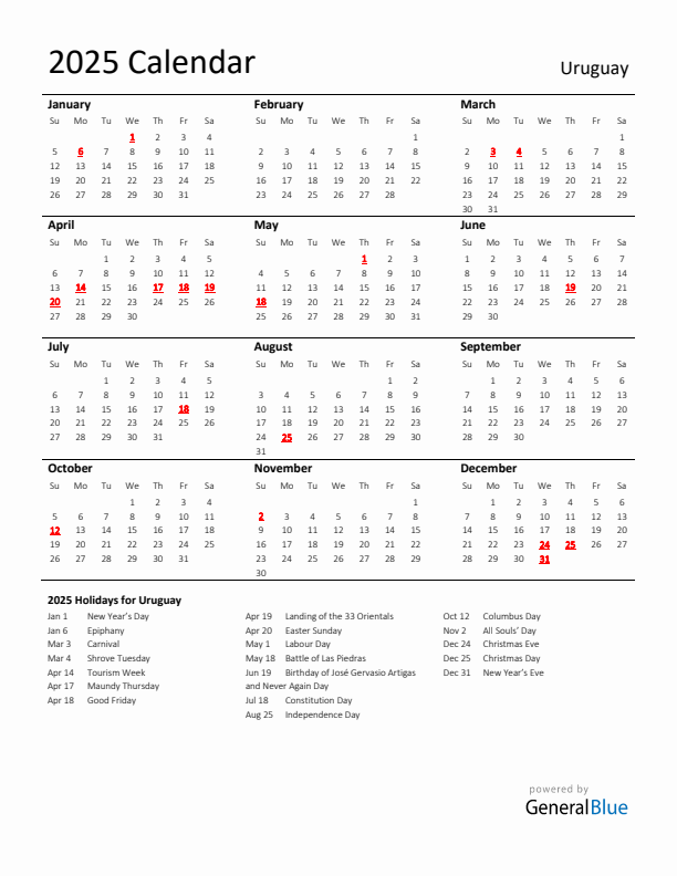 Standard Holiday Calendar for 2025 with Uruguay Holidays 