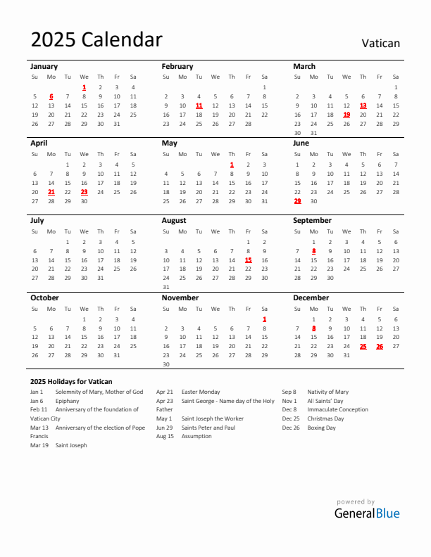Standard Holiday Calendar for 2025 with Vatican Holidays 