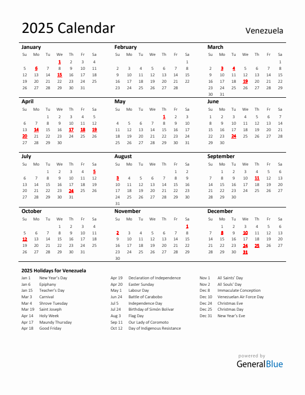 Standard Holiday Calendar for 2025 with Venezuela Holidays 