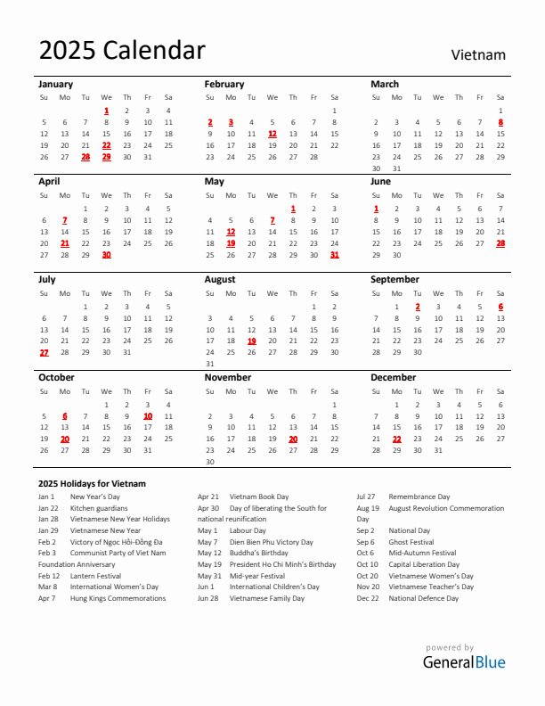 Standard Holiday Calendar for 2025 with Vietnam Holidays 