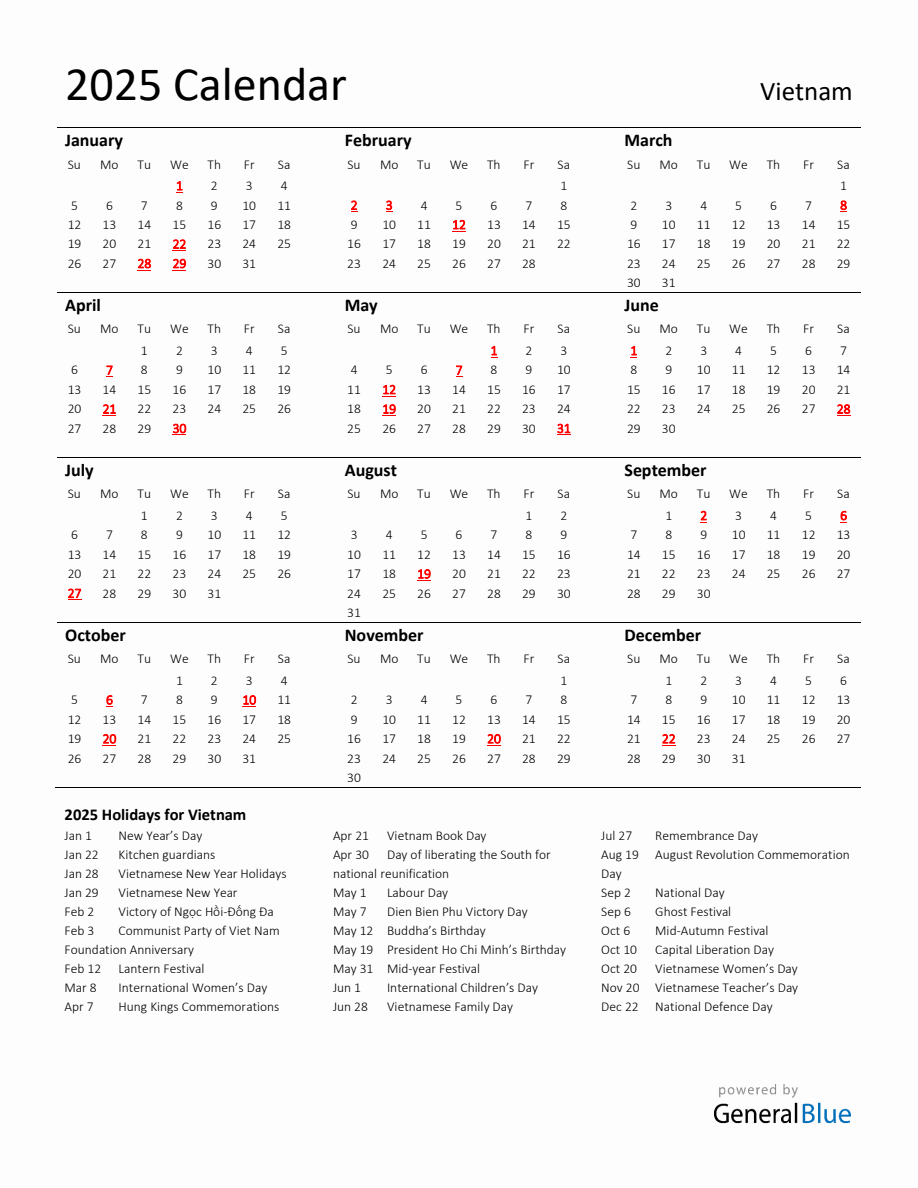 Standard Holiday Calendar for 2025 with Vietnam Holidays