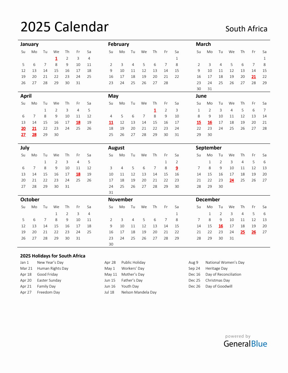 Standard Holiday Calendar for 2025 with South Africa Holidays