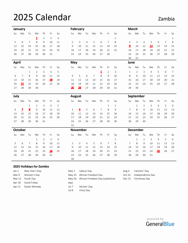 Standard Holiday Calendar for 2025 with Zambia Holidays 