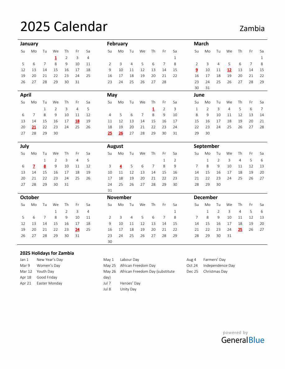 Standard Holiday Calendar for 2025 with Zambia Holidays