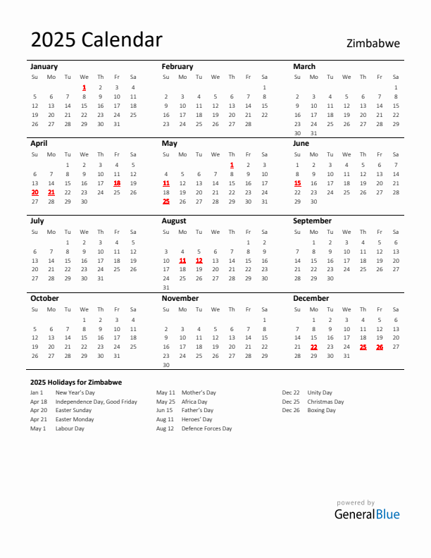Standard Holiday Calendar for 2025 with Zimbabwe Holidays 