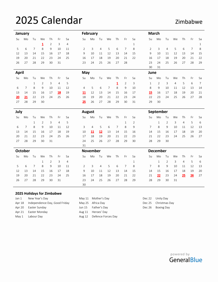 Standard Holiday Calendar for 2025 with Zimbabwe Holidays