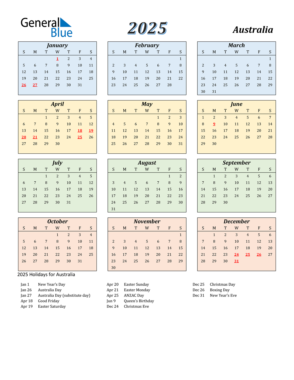 2025 Australia Calendar with Holidays