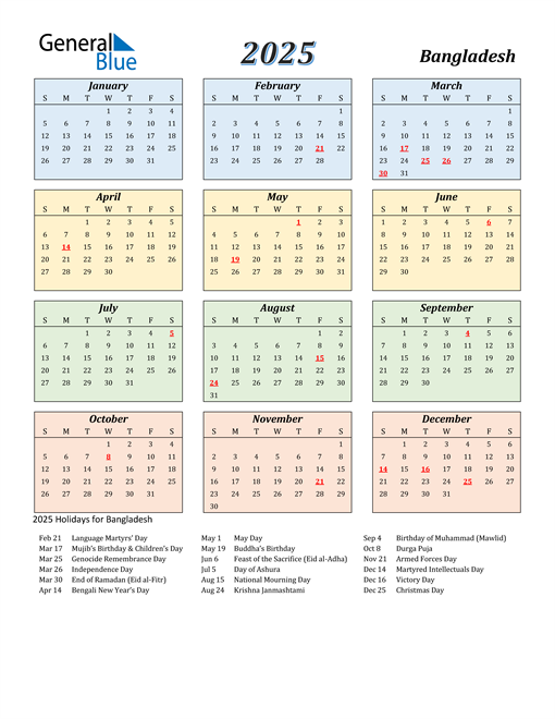 2025 Bangladesh Calendar with Holidays