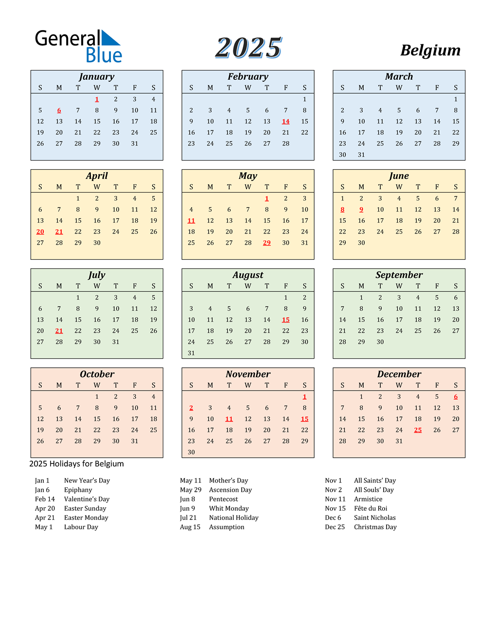 2025 Belgium Calendar with Holidays