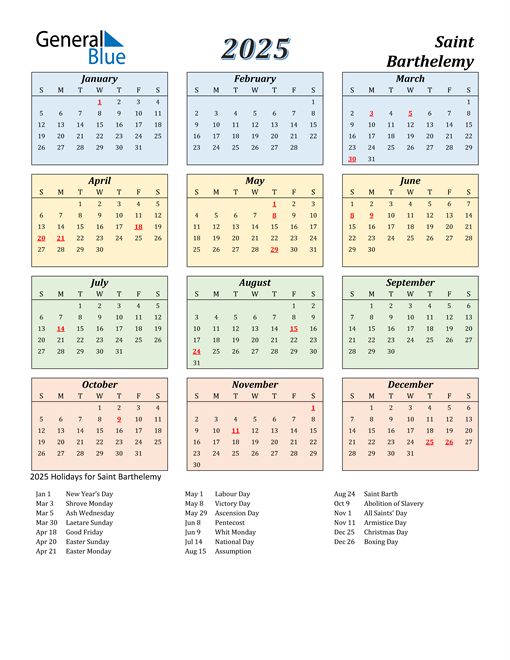 Saint Barthelemy Calendar 2025
