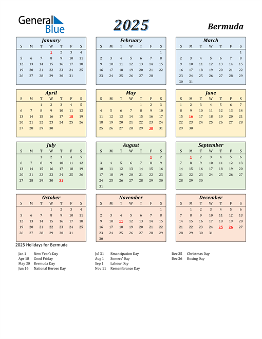 Bermuda Calendar 2025