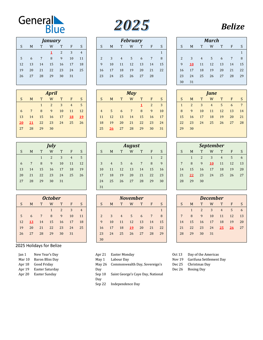 2025 Belize Calendar with Holidays