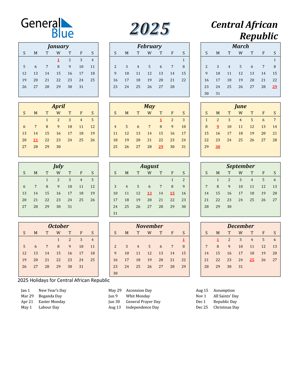 2025 Central African Republic Calendar with Holidays