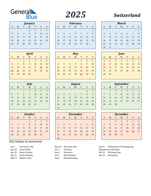 2025 Switzerland Calendar with Holidays