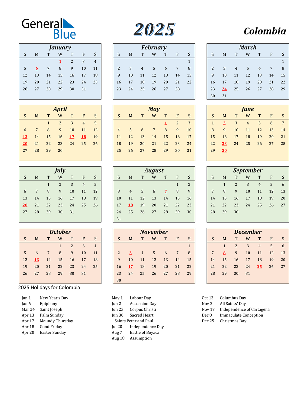 2025 Colombia Calendar with Holidays